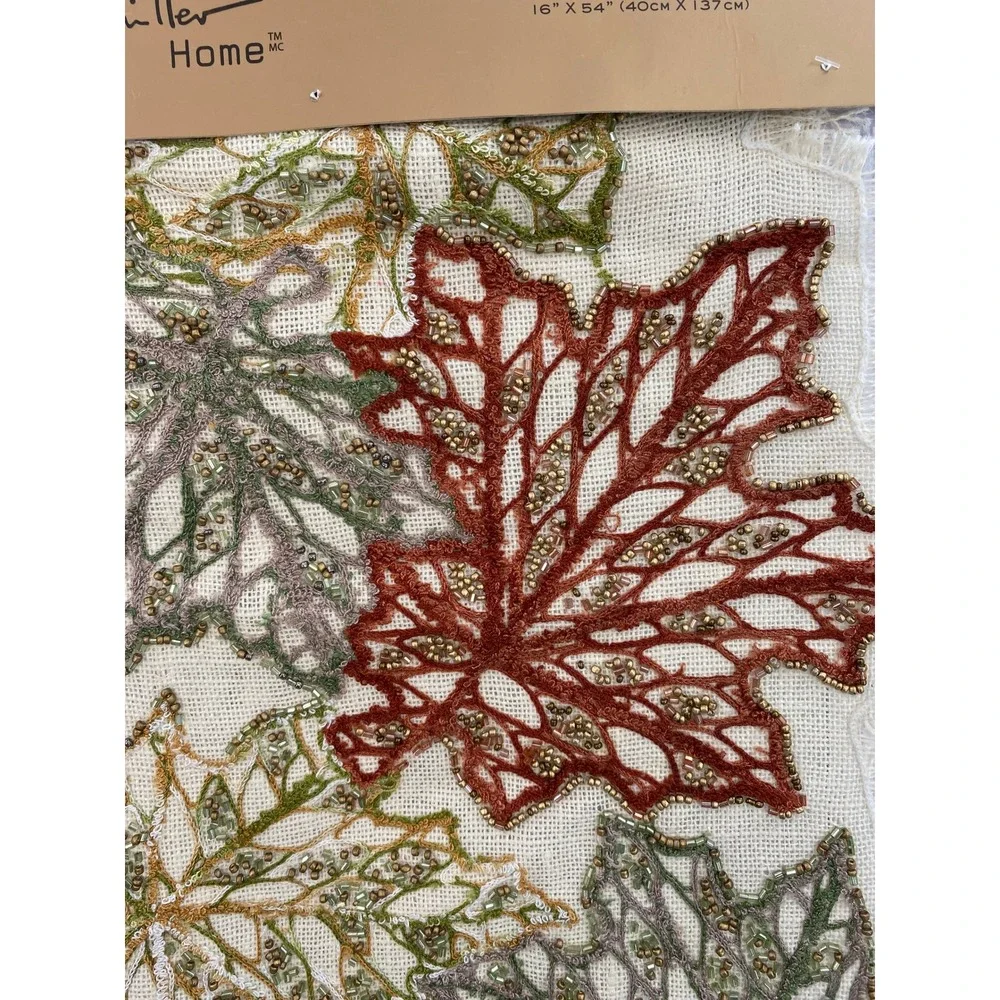 Nicole Miller Home Table Runner Fall 16x54 Cream Jute Beaded Embroidered Leaves
